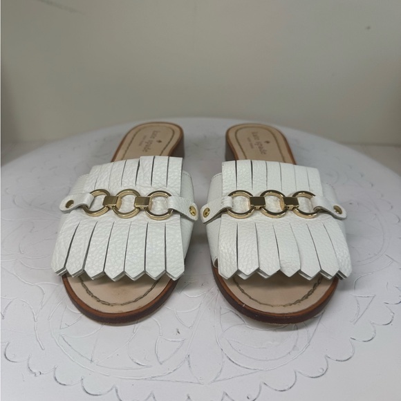 Kate Spade Brie Fringe white leather slides - Picture 2 of 9